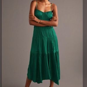 Anthropologie Ruched Slip Dress- emerald green